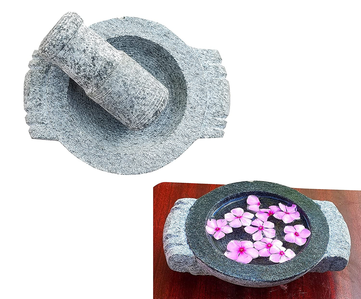 EZAHK Stone uruli for Home Decor, Stone Urli Ethnic Traditional Bowl Showpiece,uruli for Flowe Decoration,Bowel, declarative Bowel,2 in one uruli./ Mortor and Pestle Stone 2 in one 8 inch Dia