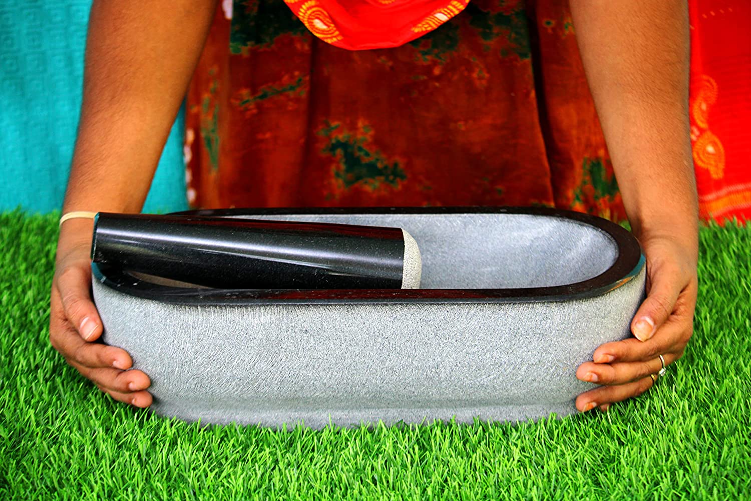 EZAHK Pure Granite Stone Mortar and Pestle Set, Kalvam,kharad, Masher Spice Mixer/Okhli and musle/Kharal for Kitchen and medicine making 14×6 inches- Big Size grey