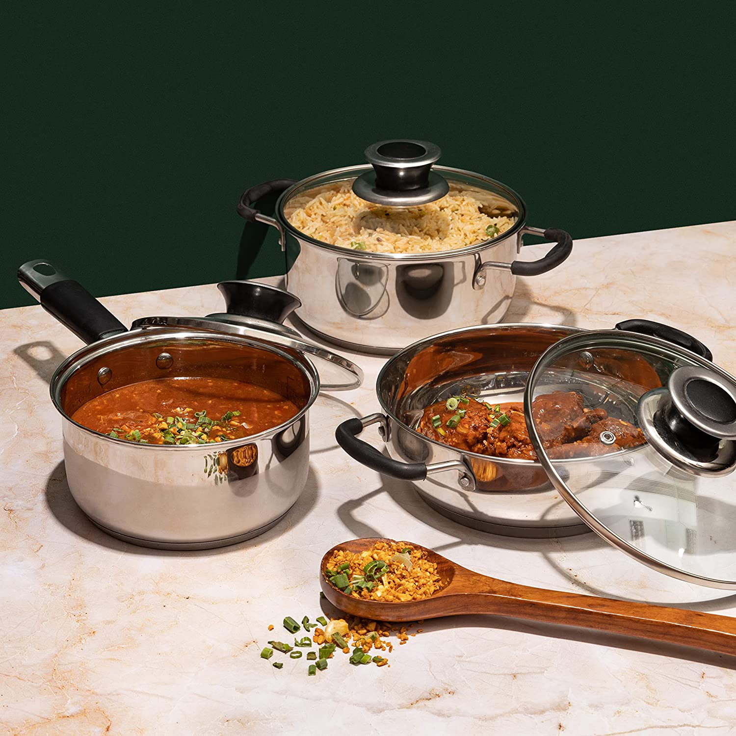 Stainless Steel Induction Friendly Master Chef Cookware Set- 3 Pieces(1- Piece Saucepan (1.5 Ltr) , 1-Piece Casserole (2.1 Ltr) , 1- Piece Kadai (2.0 Ltr) and 3 - Pieces Glass lid)