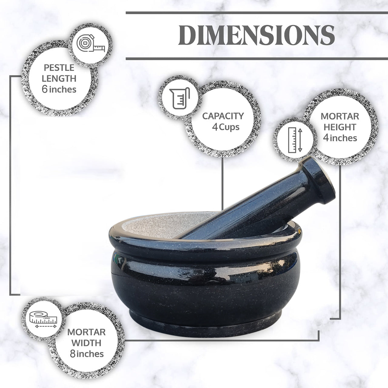 EZAHK Pure Granite Stone and Mortar and Pestle Set 8 inch Big Size