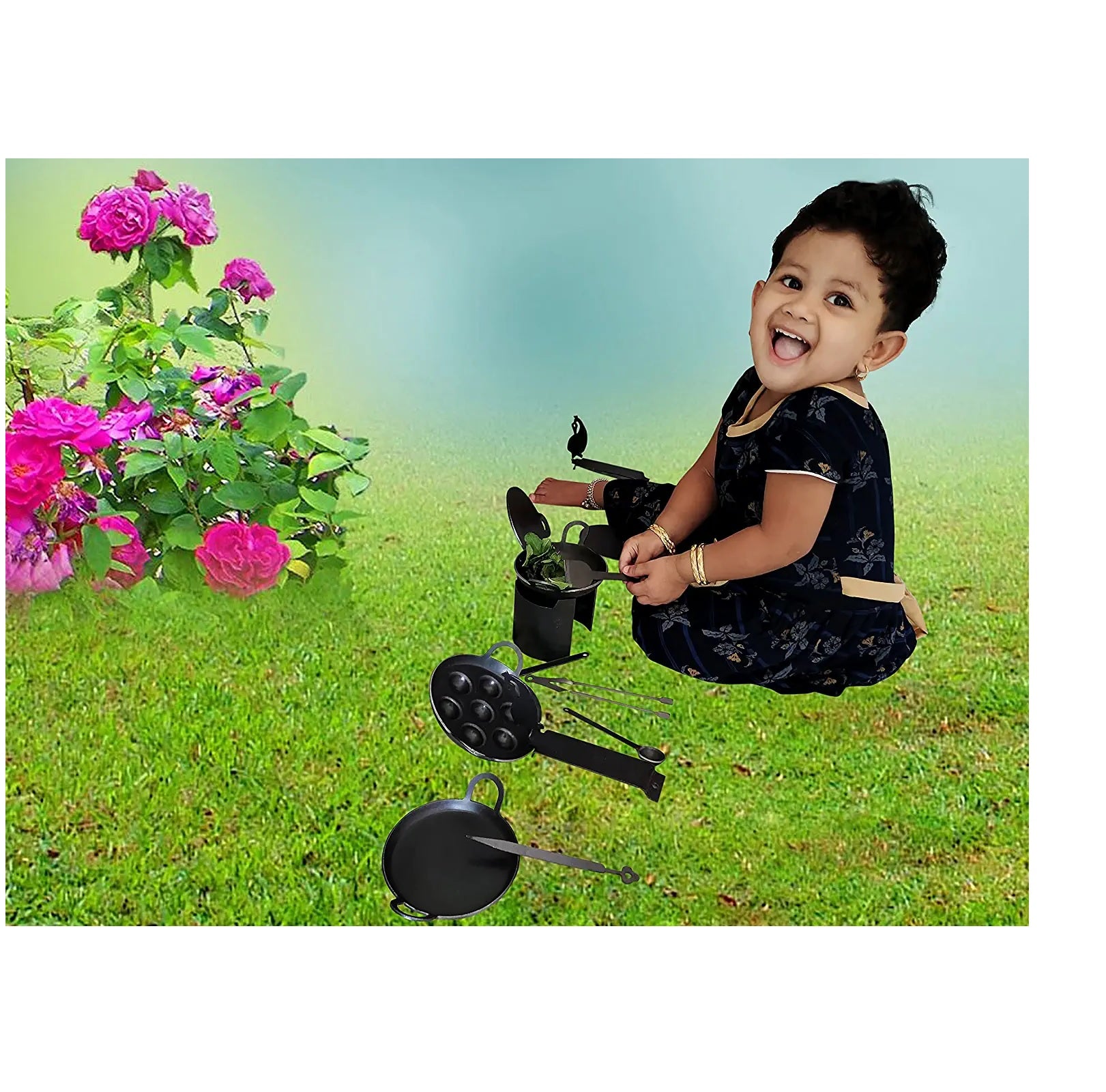 EZAHK Black Iron Miniature Kitchen Set for Kids Pure Iron, Real Cooking Iron Miniature Set ( Set of 10 )