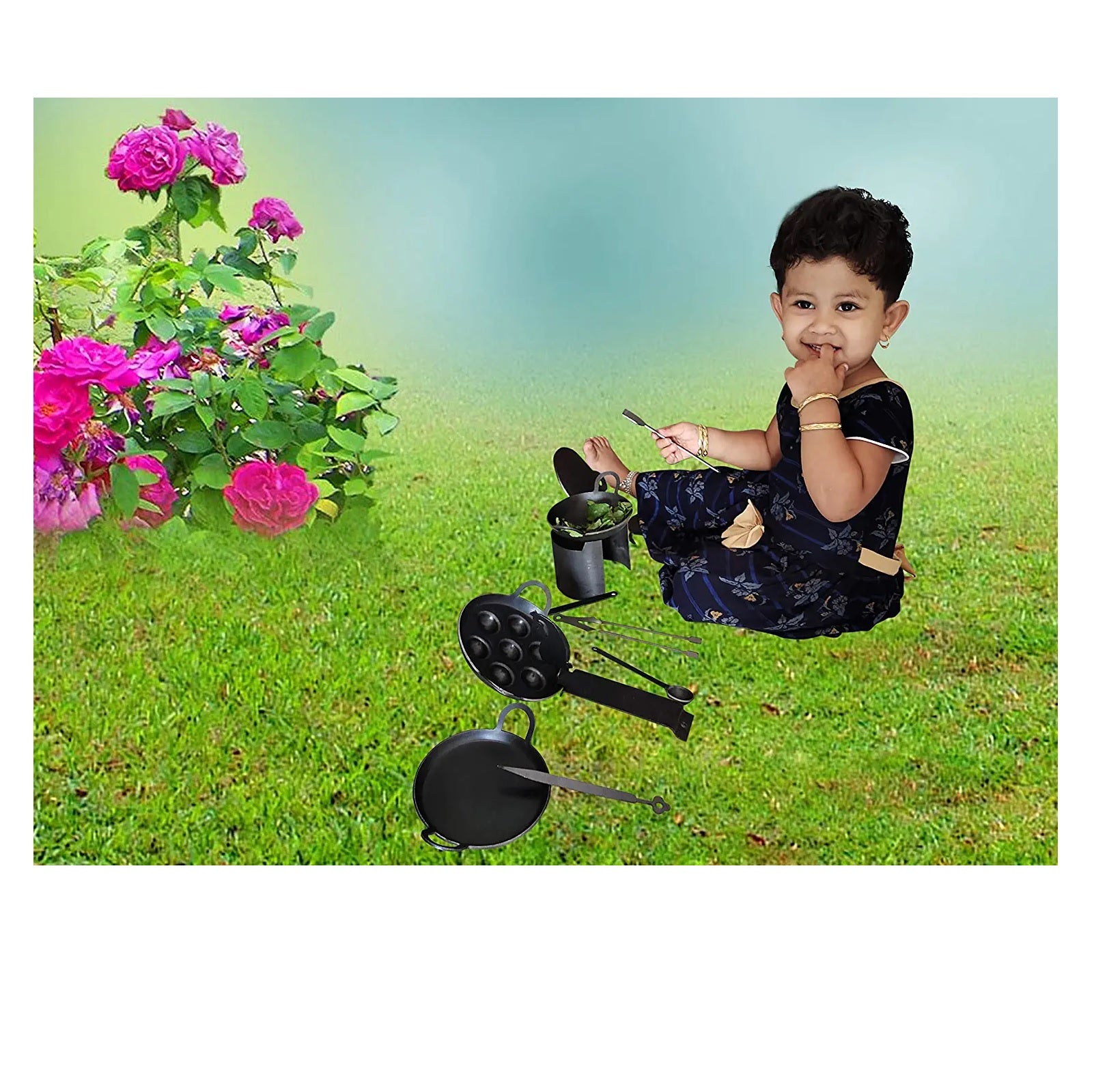 EZAHK Black Iron Miniature Kitchen Set for Kids Pure Iron, Real Cooking Iron Miniature Set ( Set of 10 )