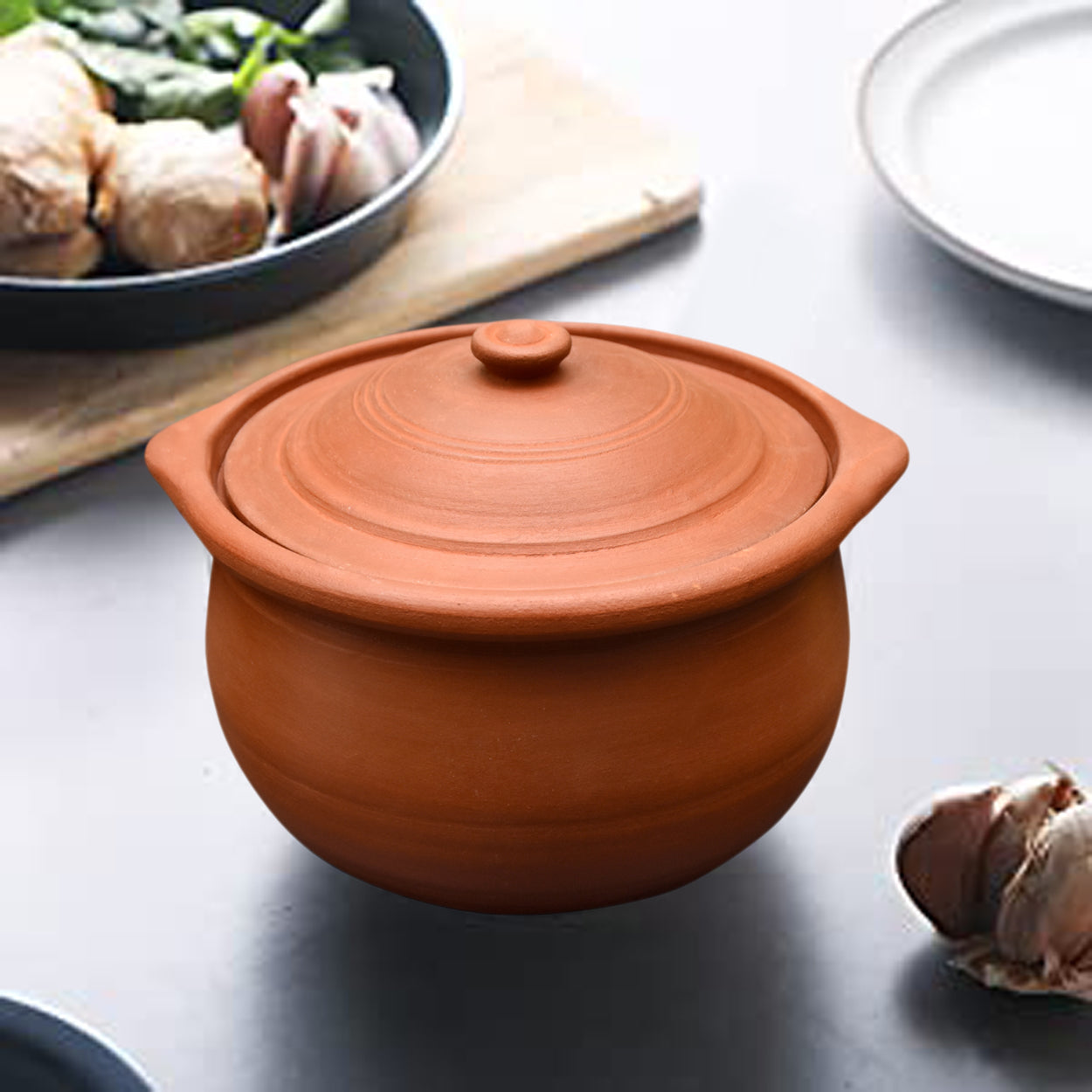 EZAHK Handmade Clay Earthen Kadai Pot with Lid Brown (2.5 L)