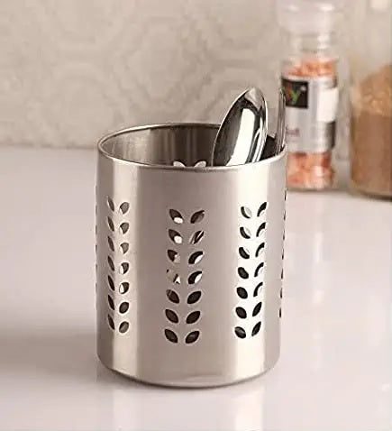EZAHK Stainless Steel Spoon/Cutlery Holder Leaf Hole Stand, Use for Kitchen Pen, Brush, Fork Stand, Home, Kitchen, Office with Drain holes (Design May Vary), Silver Color