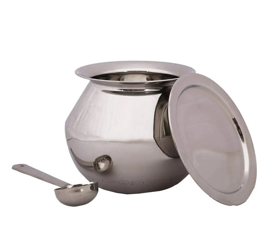 EZAHK Stainless Steel Pongal Pot/Gundu/Cooker/Handi 4 litres (Medium) with Lid and Spoon